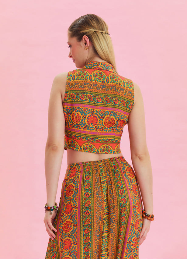 Orange Crop Blouse with Shirt Collar Button Detail 4629